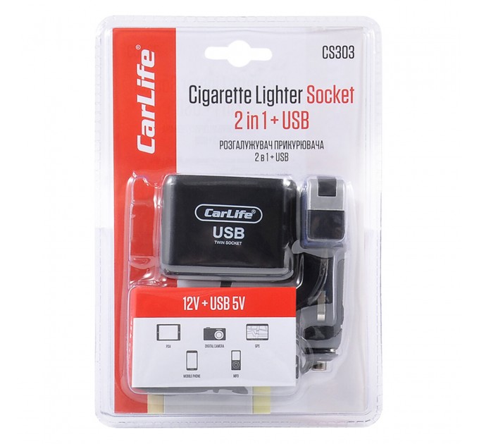 Разветвитель прикуривателя Carlife 2в1 + USB, 12В, 5A, цена: 190 грн.