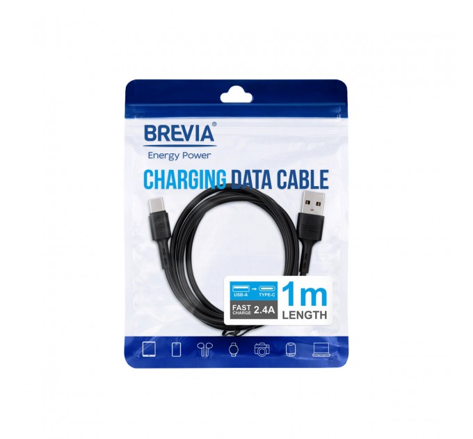 Кабель Brevia USB to Type-C 2,4A 1м, черный ZIP, цена: 65 грн.