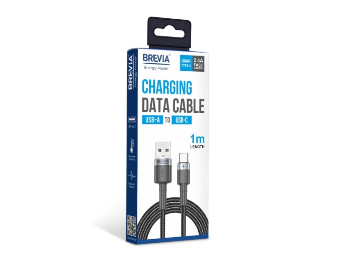 Кабель Brevia USB to Type-C 2,4А 1м, чорний box, ціна: 153 грн.