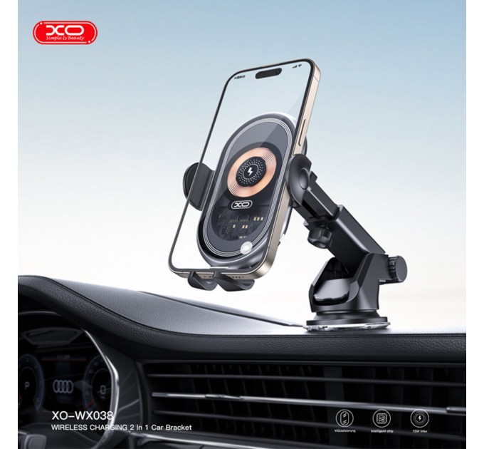 Держатель телефона автомобильный XO с беспроводной зарядкой WX038 15W Transparent Car Wireless Charging черный, цена: 849 грн.