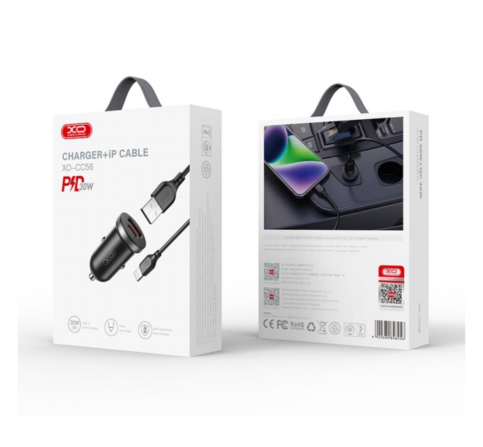 Автомобильное зарядное устройство XO CC56 Plastic mini 30W+ Lightning кабель черный, цена: 199 грн.