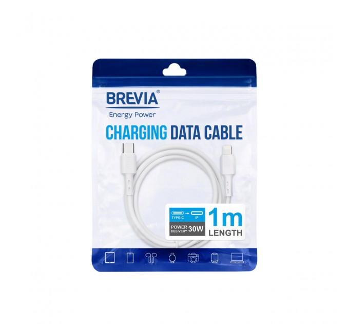 Кабель Brevia Type-C to Lightning 30W 1м, белый ZIP, цена: 118 грн.