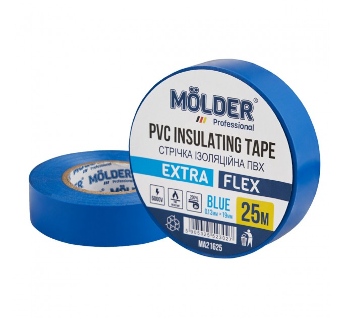 Стрічка ізоляційна ПВХ Molder 0,13x19мм 25м синя, професійна, вогнетривка, ціна: 43 грн.