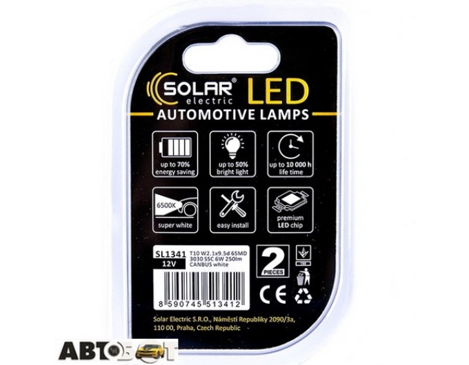 LED лампа SOLAR T10 W2.1x9.5d 12V 6SMD 3030 SSC white SL1341 (2 шт.), ціна: 493 грн.