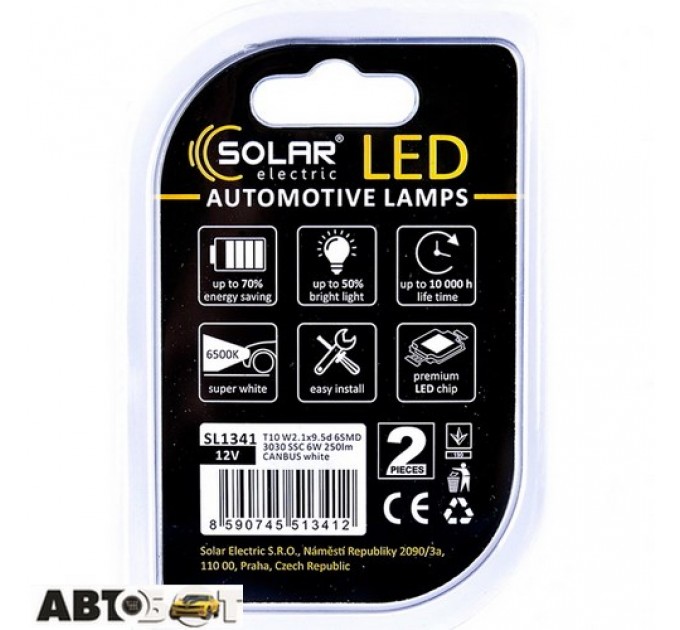 LED лампа SOLAR T10 W2.1x9.5d 12V 6SMD 3030 SSC white SL1341 (2 шт.), цена: 432 грн.