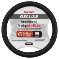 Чохол на кермо Carlife 37-39см, шкіра, чорний, біла гума, один шов, перфорований SW341M