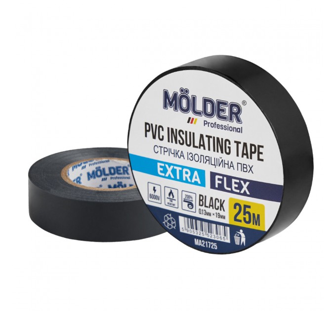 Стрічка ізоляційна ПВХ Molder 0,13x19мм 25м чорна, професійна, вогнетривка, ціна: 43 грн.