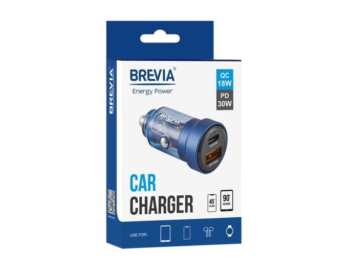Автомобильное зарядное устройство Brevia ePower DualCharge 30W 1xUSB-C+1xUSB-A, прозрачный синий, цена: 263 грн.