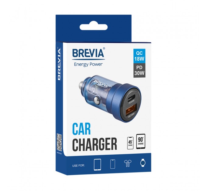 Автомобильное зарядное устройство Brevia ePower DualCharge 30W 1xUSB-C+1xUSB-A, прозрачный синий, цена: 257 грн.