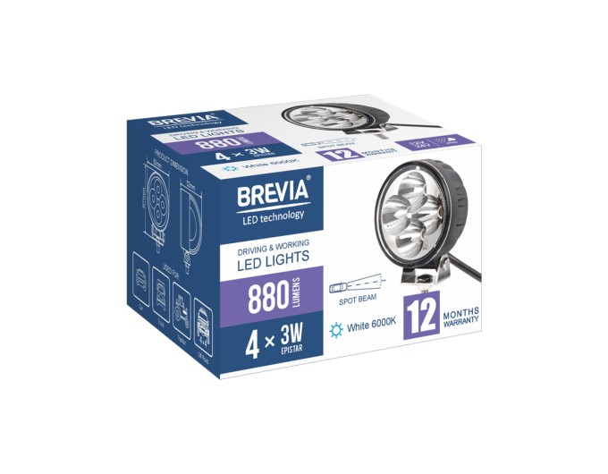 Фара світлодіодна Brevia Epistar Spot 10-30V, 12W (4x3W), 880Lm, 1шт, ціна: 237 грн.