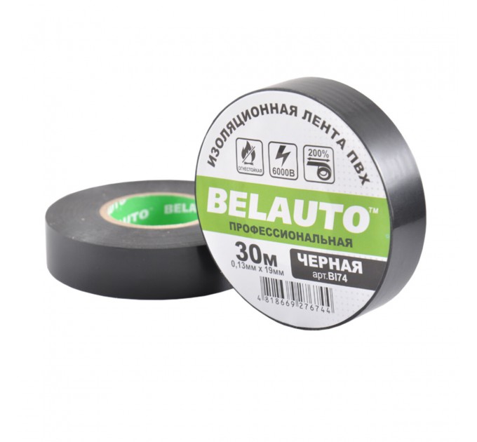 Стрічка ізоляційна ПВХ Belauto 30м, 0.13x19мм, чорна, проф., вогнетривка, ціна: 49 грн.