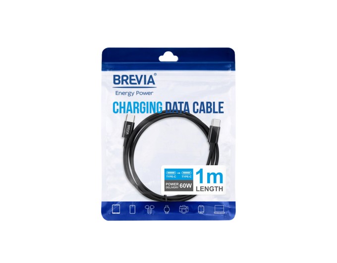 Кабель Brevia Type-C to Type-C 60W 1м, чорний ZIP, ціна: 130 грн.