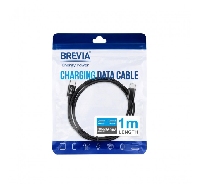 Кабель Brevia Type-C to Type-C 60W 1м, черный ZIP, цена: 127 грн.