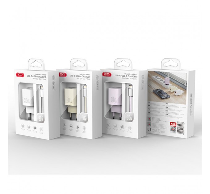 Сетевое зарядное устройство XO L149 PD30W 1USB-A+1USB-C + Lightning кабель белый, цена: 349 грн.