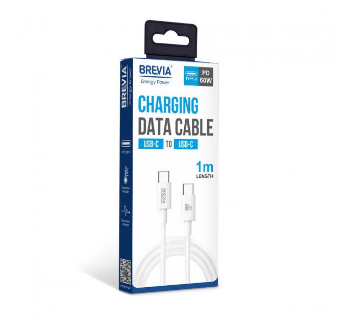 Кабель Brevia Type-C to Type-C 60W 1м, белый box, цена: 138 грн.