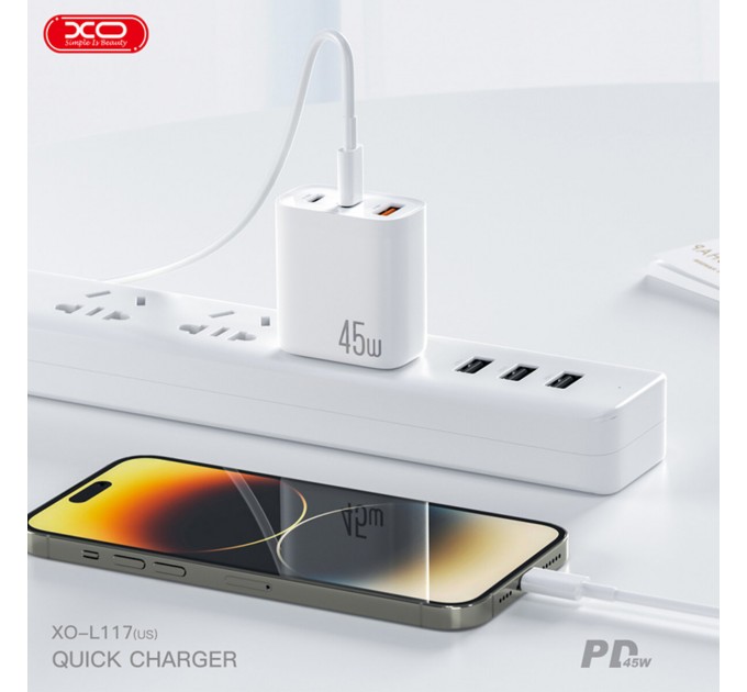 Сетевое зарядное устройство XO L117 PD45W/QC18W 2USB-C+1USB-A белый, цена: 499 грн.