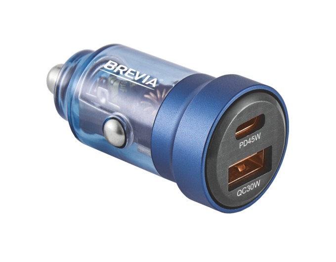 Автомобильное зарядное устройство Brevia ePower DualCharge 75W 1xUSB-C+1xUSB-A, прозрачный синий, цена: 343 грн.
