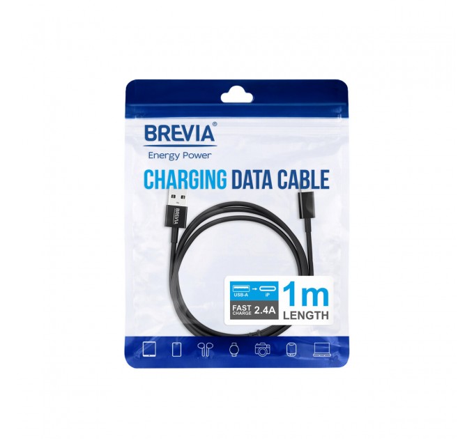 Кабель Brevia USB to Lightning 2,4А 1м, черный ZIP, цена: 109 грн.