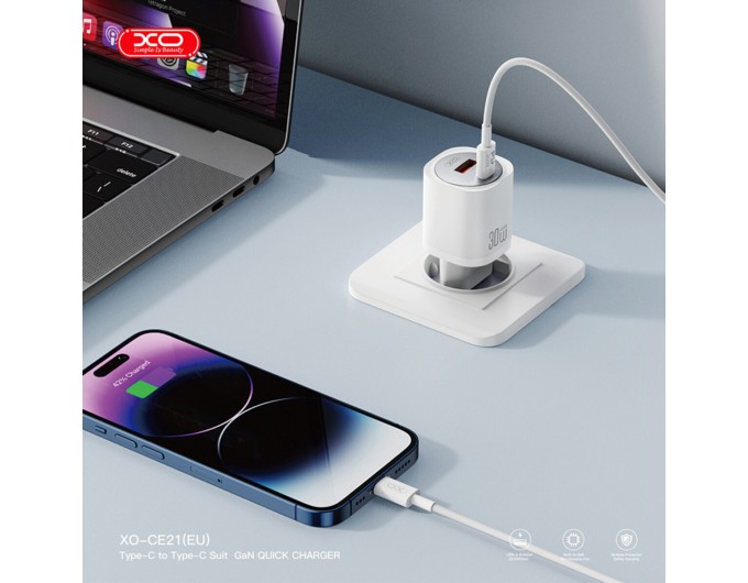 Сетевое зарядное устройство XO CE21 PD30W/PPS33W 1USB-A+1USB-C + Lightning кабель белый, цена: 569 грн.