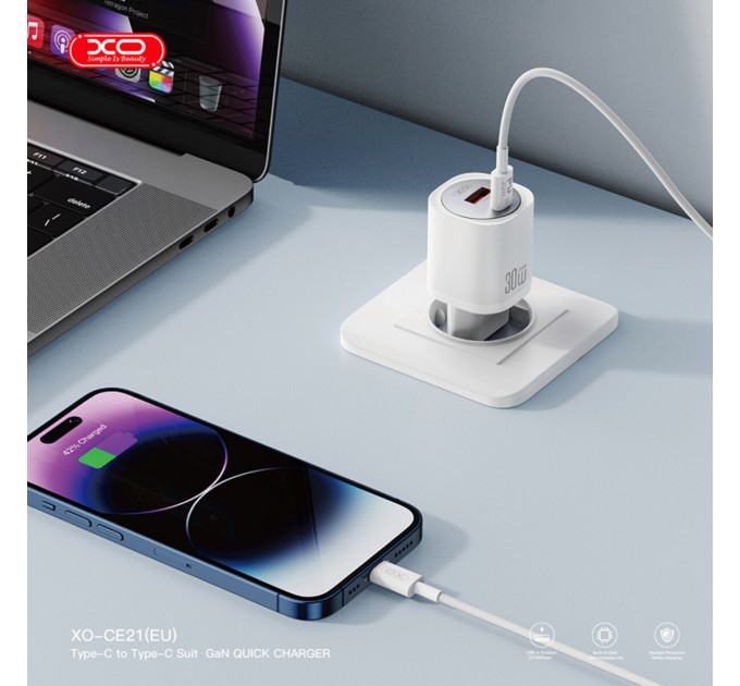 Сетевое зарядное устройство XO CE21 PD30W/PPS33W 1USB-A+1USB-C + Lightning кабель белый, цена: 469 грн.