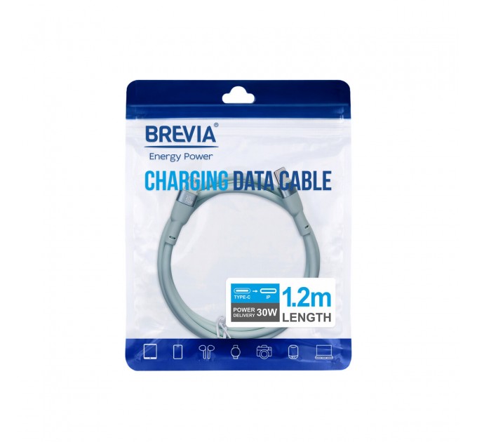 Кабель Brevia Type-C to Lightning 30W 1,2м, мятный ZIP, цена: 199 грн.