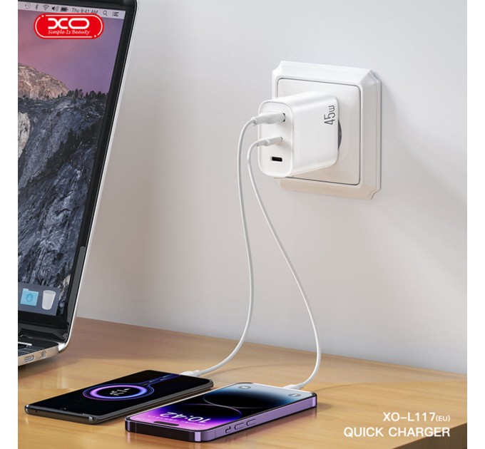 Сетевое зарядное устройство XO L117 PD45W/QC18W 2USB-C+1USB-A белый, цена: 499 грн.