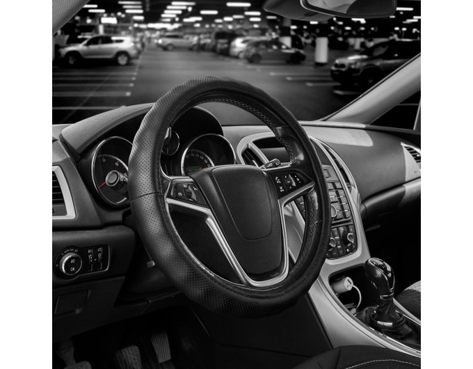 Чехол на руль Carlife 39-41см, кожа, черный, белая резина, один шов, перфорированный SW343L, цена: 642 грн.