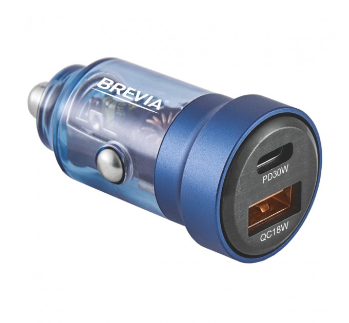 Автомобильное зарядное устройство Brevia ePower DualCharge 30W 1xUSB-C+1xUSB-A, прозрачный синий, цена: 257 грн.