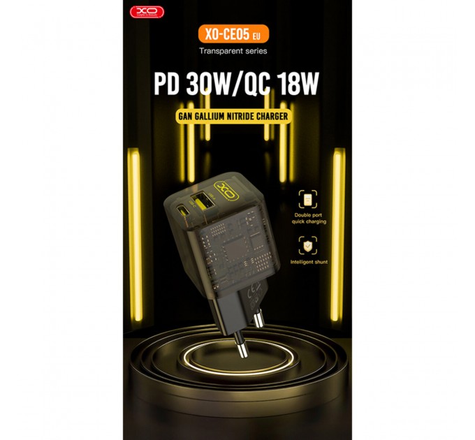 Сетевое зарядное устройство XO CE05 Gan PD30W+QC3.0 18W+ Lighting кабель коричневый, цена: 369 грн.
