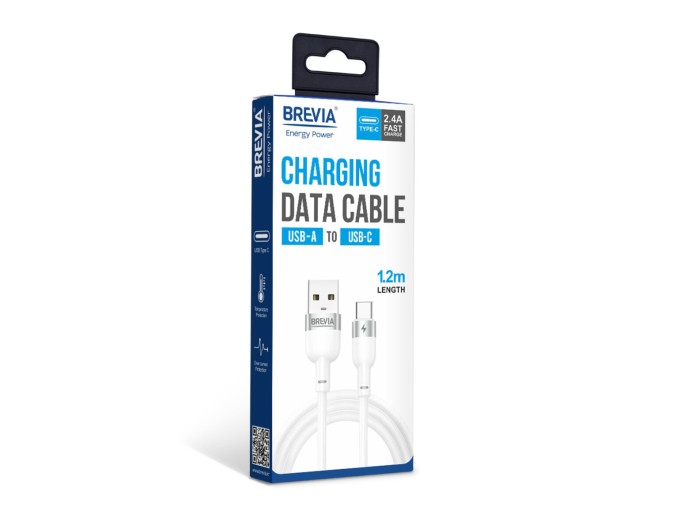 Кабель Brevia USB to Type-C 2,4А 1,2м, білий box, ціна: 146 грн.