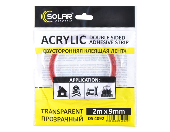 Лента клейкая двусторонняя Solar, ACRYLIC (VHB), прозрачная, 9ммx2м, цена: 40 грн.