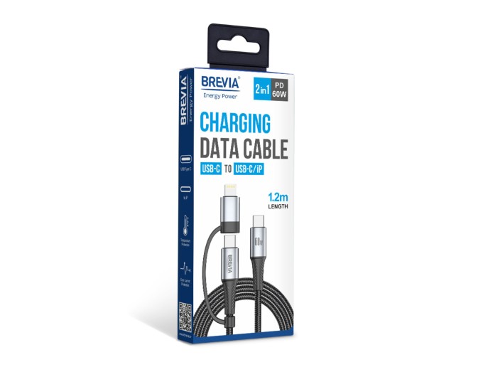 Кабель Brevia Type-C to Type-C/Lightning 60W 1,2м, чорний box, ціна: 330 грн.