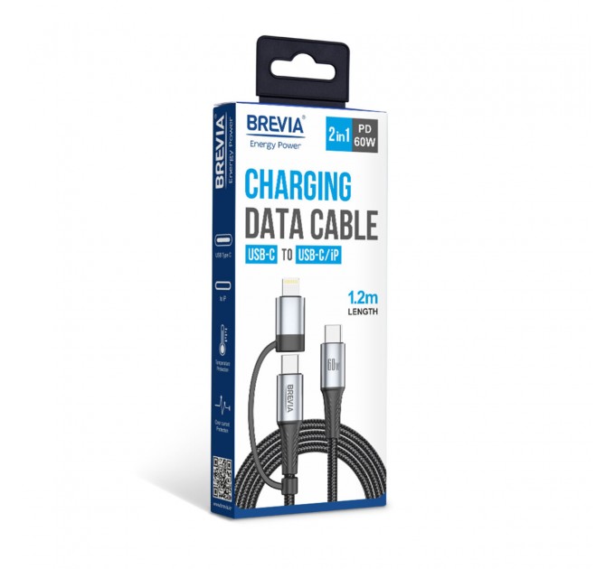 Кабель Brevia Type-C to Type-C/Lightning 60W 1,2м, черный box, цена: 323 грн.