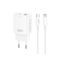 Сетевое зарядное устройство XO L130 PD30W/QC18W 1USB-C+1USB-A + Lightning кабель белый