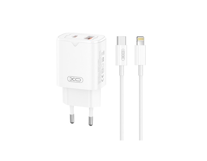 Сетевое зарядное устройство XO L130 PD30W/QC18W 1USB-C+1USB-A + Lightning кабель белый, цена: 399 грн.