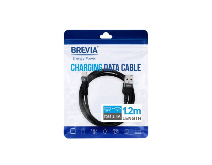 Кабель Brevia USB to Lightning 2,4A 1,2м, чорний ZIP, ціна: 139 грн.