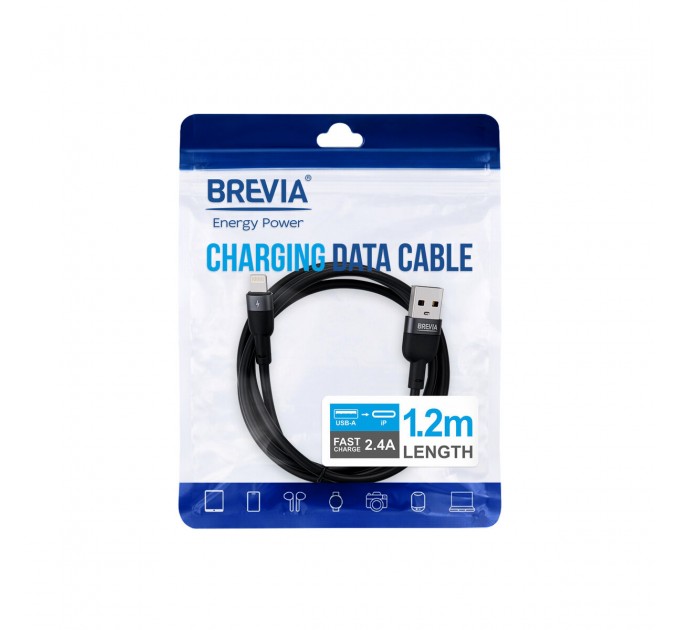 Кабель Brevia USB to Lightning 2,4A 1,2м, черный ZIP, цена: 136 грн.