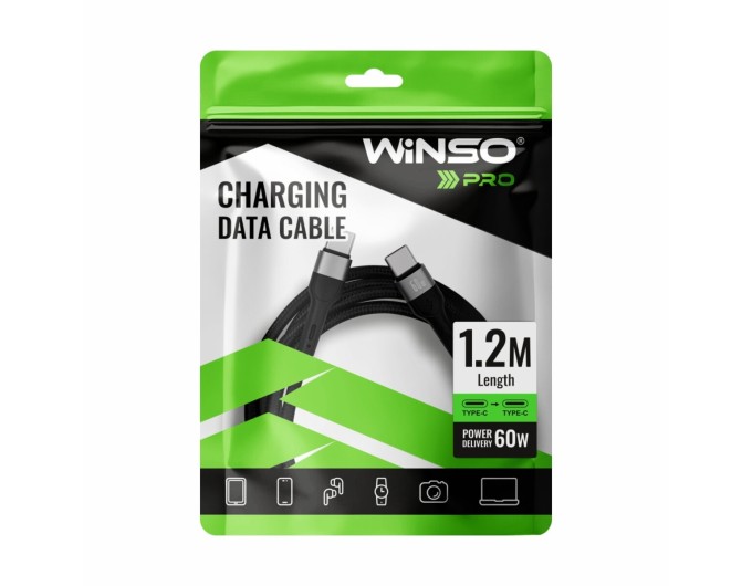 Кабель Winso Pro Type-C to Type-C 60W TPE+плетіння 1,2м чорний, ціна: 129 грн.