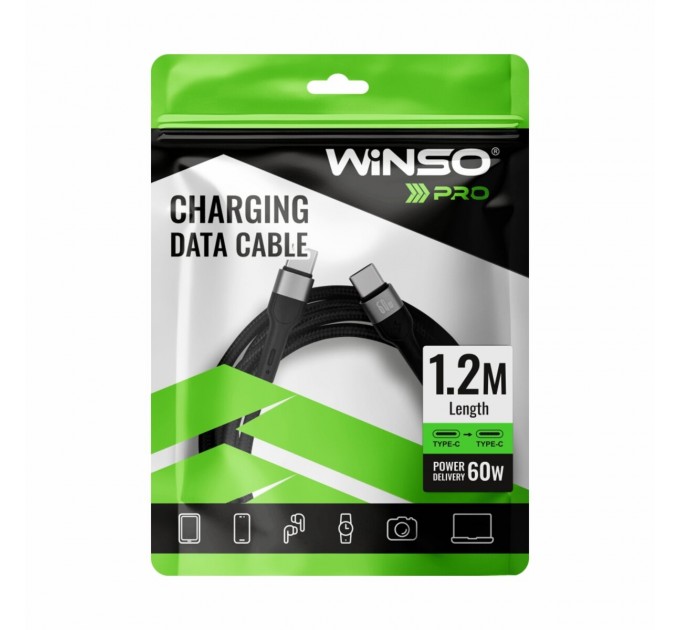 Кабель Winso Pro Type-C to Type-C 60W TPE+плетение 1,2м черный, цена: 129 грн.
