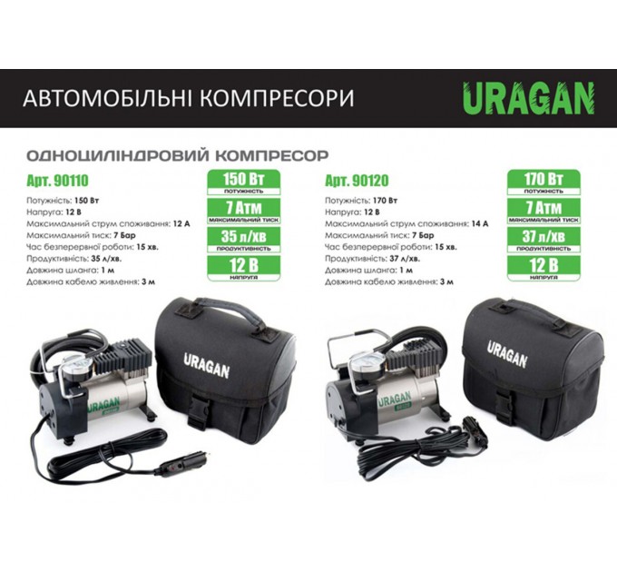 Компрессор автомобильный Uragan 7 Атм 35 л/мин 150 Вт, цена: 902 грн.