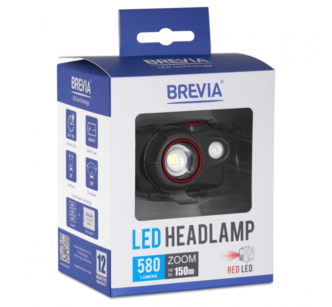 Фонарь налобный Brevia 580Lm, Focus Control, 3xAAA, IP64 белый/красный, цена: 1 499 грн.