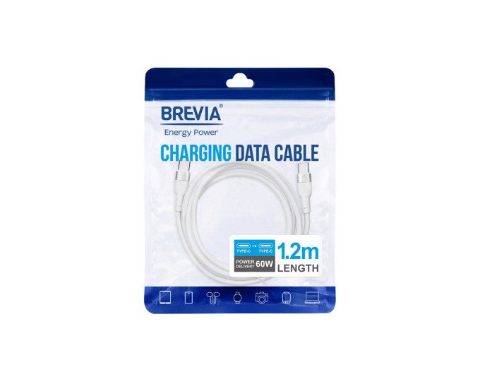 Кабель Brevia Type-C to Type-C 60W 1,2м, білий ZIP, ціна: 154 грн.