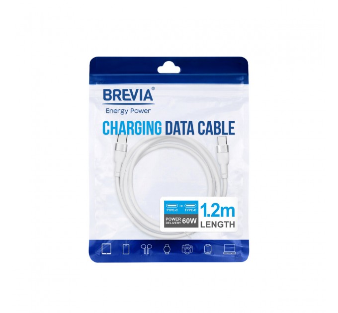 Кабель Brevia Type-C to Type-C 60W 1,2м, белый ZIP, цена: 150 грн.