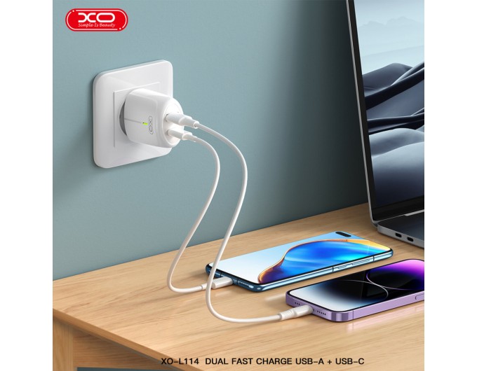 Сетевое зарядное устройство XO L114 PD20W/QC18W + Lightning кабель белый, цена: 299 грн.