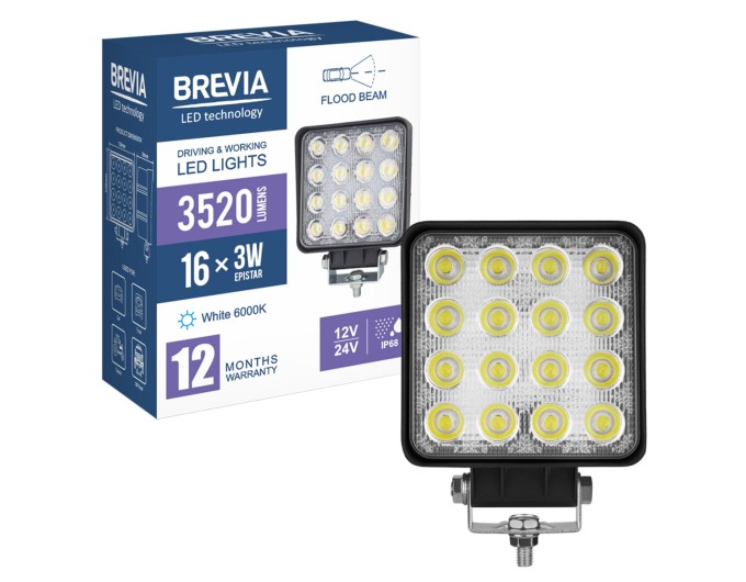 Фара світлодіодна Brevia Epistar white Flood 10-30V, 48W (16x3W), 3520Lm, 1шт, ціна: 595 грн.