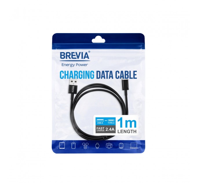 Кабель Brevia USB to Type-C 2,4А 1м, черный ZIP, цена: 104 грн.
