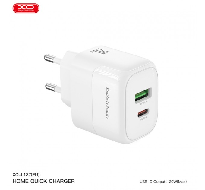 Сетевое зарядное устройство XO L137 PD20W/QC18W 1USB-A+1USB-C + Lightning кабель белый, цена: 269 грн.