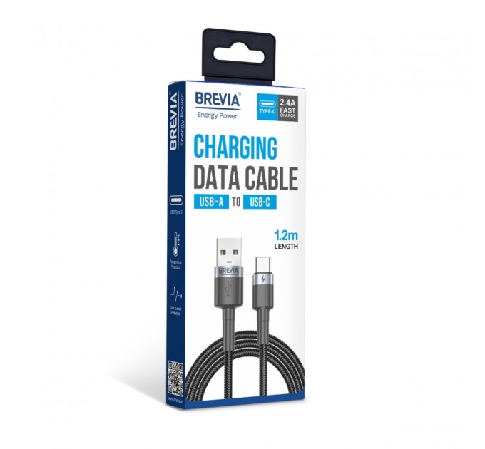 Кабель Brevia USB to Type-C 2,4А 1,2м, черный box, цена: 159 грн.