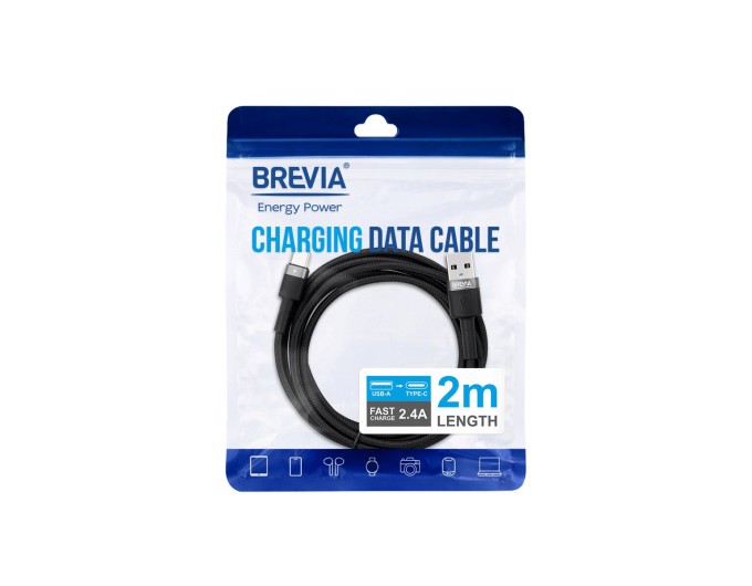 Кабель Brevia USB to Type-C 2,4А 2м, чорний ZIP, ціна: 193 грн.