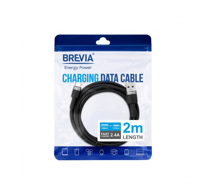 Кабель Brevia USB to Type-C 2,4А 2м, черный ZIP, цена: 189 грн.